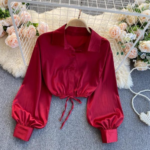 

women's satin shirt lace-up slim short new fashion long sleeve solid color shirts korean blusas mujer de moda blouse q6721, White