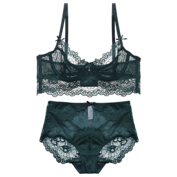 

ultra thin bra lace lingerie set d cup rhinestone bow unlined transparent underwire mid-rise panty c1212, Black;white