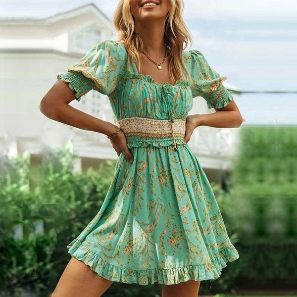 

green floral mini dress square neck frill summer dress elastic backless holiday women dress new ladies, Black;gray
