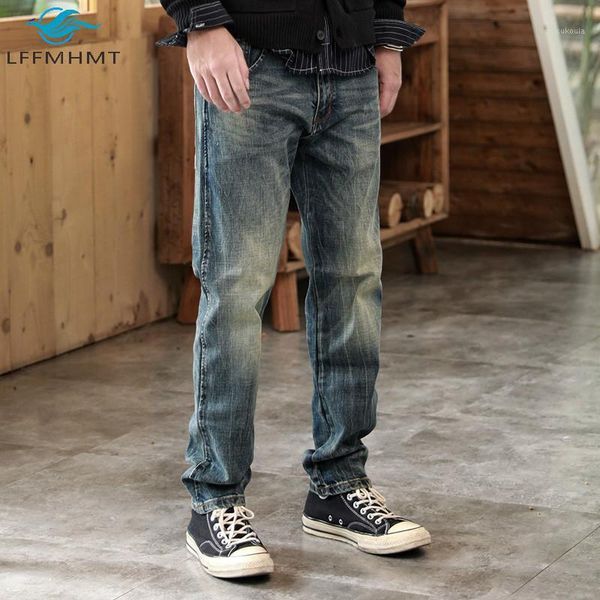 

spring fall fashion men american style casual straight jeans solid color comfortable denim pants vintage streetwear male1, Blue