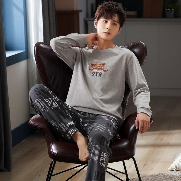 

autumn men's pajamas sets full cotton pijamas long sleeve casual male sleepwear winter warm lounge gray cartoon bear nightwear1, Black;brown