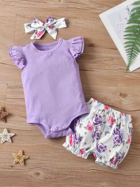 

baby girl tee bodysuit & floral shorts with headband she, White
