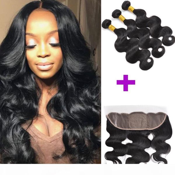 

brazilian malaysian virgin hair weaves body wave with lace frontal 13x4 lace frontal with bundles pre plucked 3 bundles with frontal closure, Black;brown