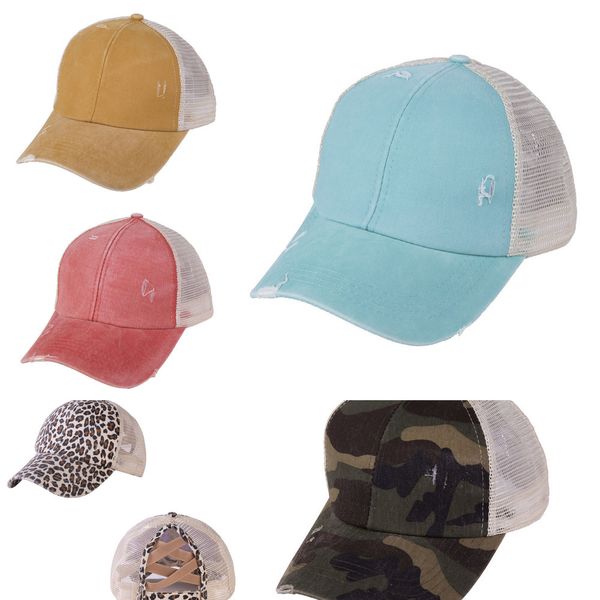 

fashion ponytail hat washed mesh back leopard hollow criss cross ponytail messy bun baseball cap trucker hat women peaked caps visor h2305, Yellow