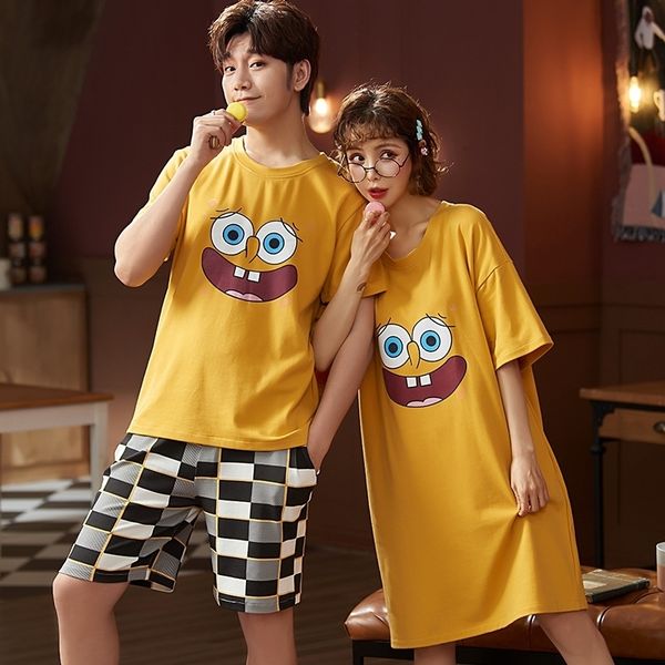 Casal pijama de verão conjunto homens camiseta shorts mulheres vestido pijama unidade de algodão home sleepwear desenhos animados lounge engraçado manga curta 3xl 201023