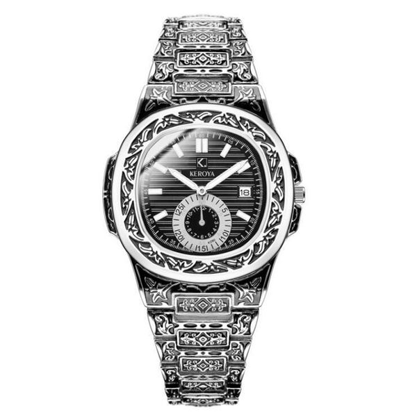 

luxury fashion carved flower steel belt quartz watch waterproof watches classic calendar mens wristwatches men reloj regarder fashion design, Slivery;brown