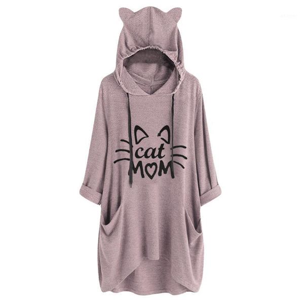 

women casual hooded long sleeves cat ear print pocket shirt irregular blouse mom cat cute hoodies1, Black