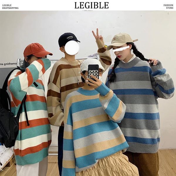 

legible o neck loose sweaters men autumn winter striped pullovers mens korean fashion loose mens sweater1, White;black