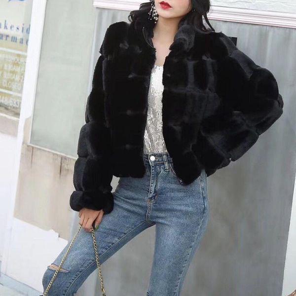 

women's fur & faux winter jacket women coat stand collar natural fluffy outerwear streetwear thick warm shaggy short style coats, Black