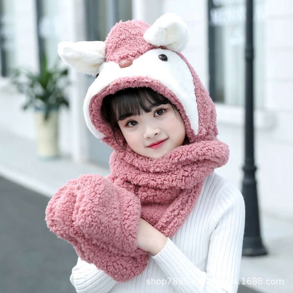 

with baby girl's new hat warm glove three piece fur beaver children's scarf in autumn and winter of 2019, Red;brown