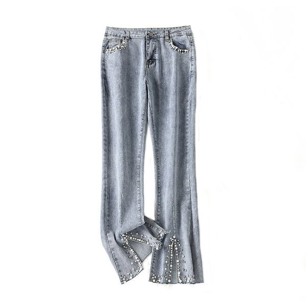 

2021 spring women's new heavy industry beaded diamond slit micro flared jeans pants, Blue
