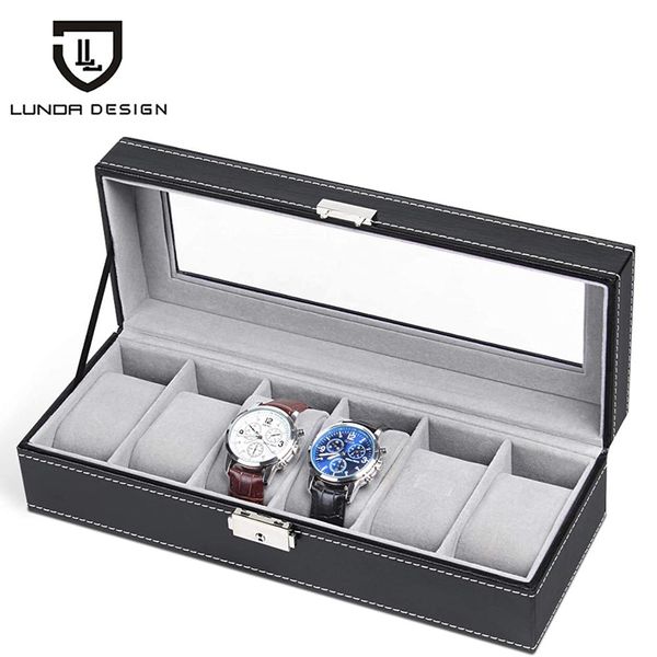 

lunda 6 slot leather watch box display case organizer glass jewelry storage black, Black;blue