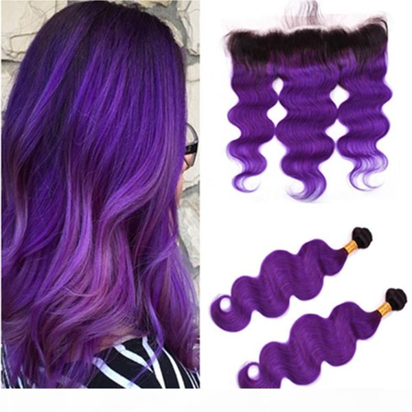 

#1b purple ombre body wave human hair 2bundles with frontal 3pcs lot brazilian ombre purple human hair weave wefts with lace frontal 13x4, Black;brown