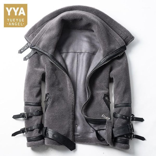 

men collar detachable real fur coat winter warm zipper biker wool jacket luxury warm vintage full sleeve outerwear oversize 4xl1, Black