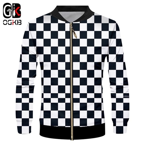 

ogkb men's casual jacket long sleeve stand collar zipper jackets printed black white grid 3d coats man fit slim fitness overcoat 201218, Black;brown