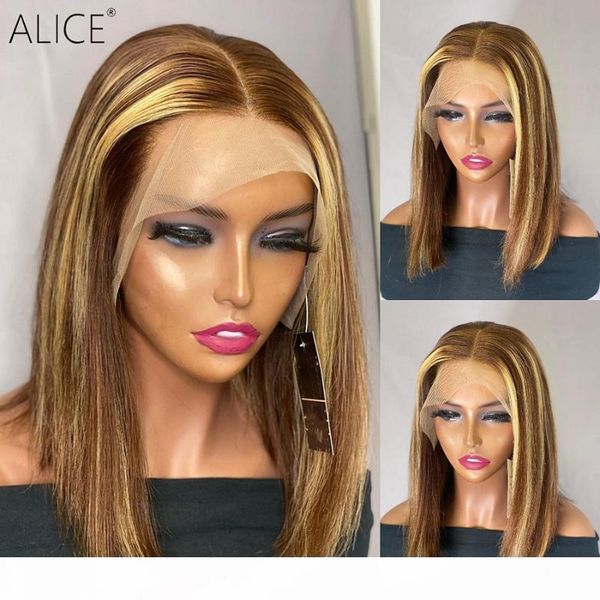 

alice highlight bob t-part lace front human hair wigs 130% density scalp closure wigs with baby hair non-remy, Black;brown
