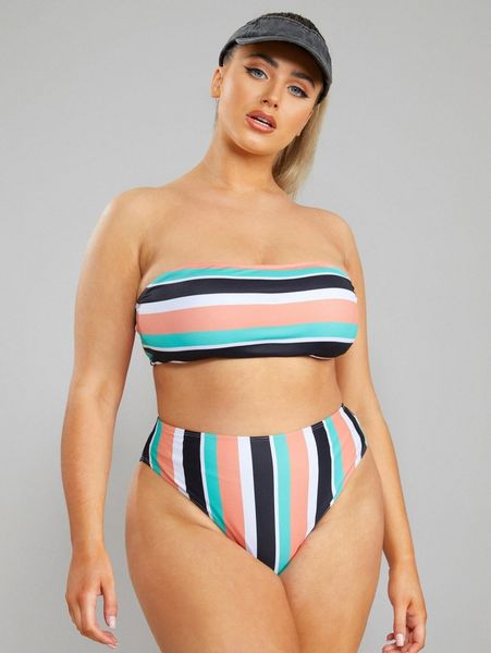 

plus striped bandeau bikini swimsuit j4yl#, Black