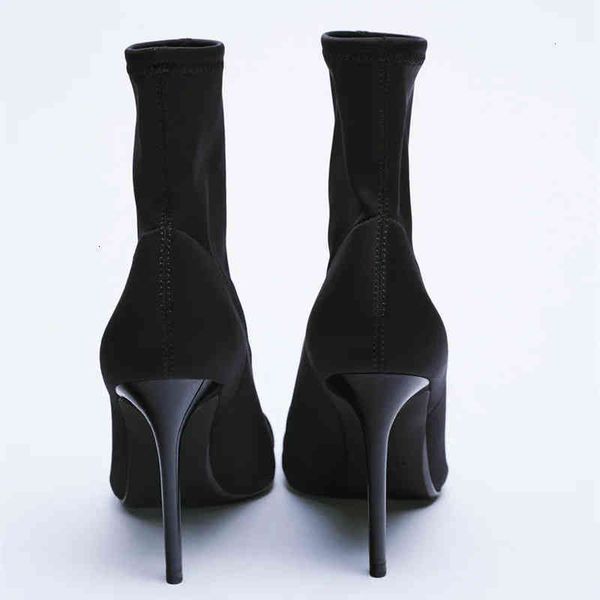 

shoes za dress botas de salto alto tornozelo feminino fino apontou toe sapatos combinaÃ§Ã£o estiramento tecido s femininos outono meia 18p9, Black