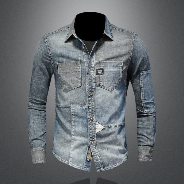 

cross-border european style personality stitching lapel denim long-sleeved shirt mens high-end boutique denim shirt w61063, Black;brown
