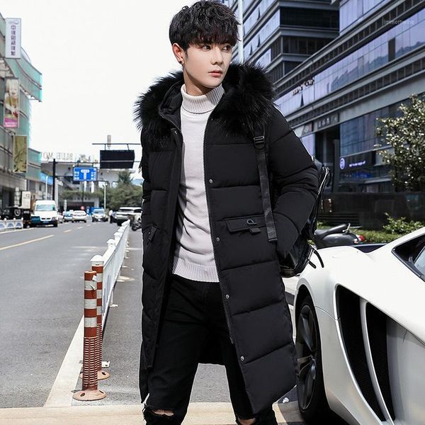

loose solid mens winter jackets and coats hooded zipper long coat quilted jacket pockets casual warm thick parka1, Black
