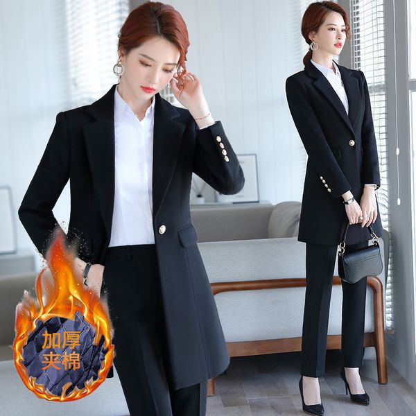 

black woolen women's middle and long autumn winter thickened cotton business formal coat