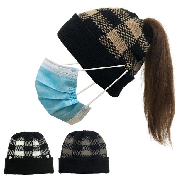 

winter warm plaid knitted beanie hat with face mask button womens ponytail cap cuffed slouchy skull caps sport outdoor ski headwear d111901, Yellow