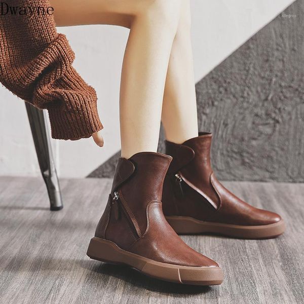 

boots leather female british wind 2021 autumn and winter wild small flat spring single cotton1, Black