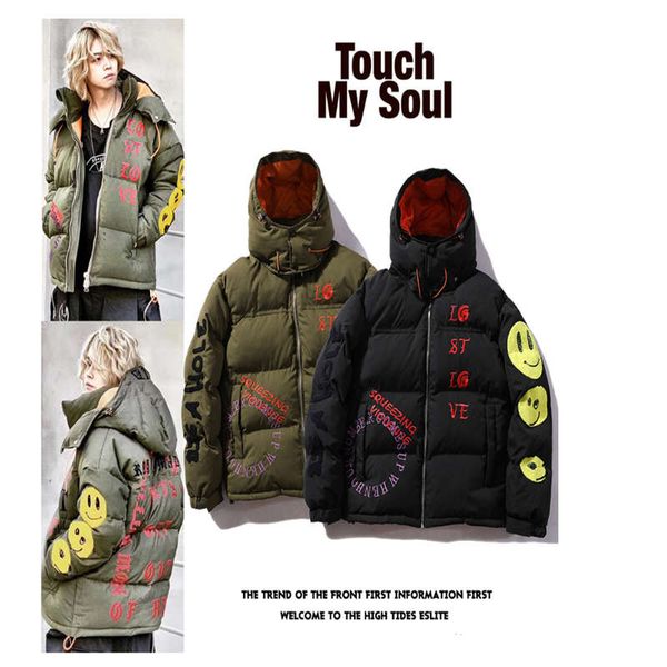 

new winter fashion puff coat men and women couple smiley letters embroidered casual hooded oversize down jackets black and green size m-2xl
