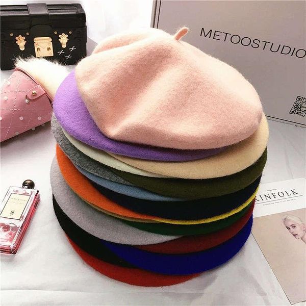 

autumn winter hat 100% pure wool berets french artist beret women painter hat vintage girls berets female warm walking cap, Black;white