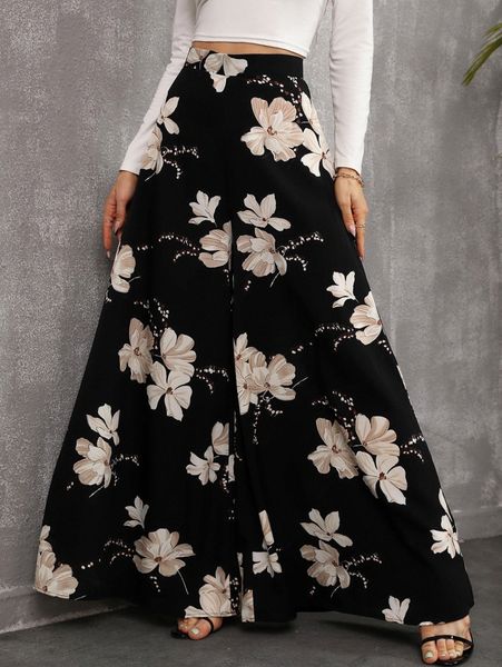 

floral print wide leg pants 48a0#, Black;white