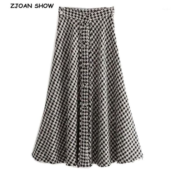 

2019 new high waist soft woolen check gingham plaid skirts vintage woman front single-breasted button a line swing midi skirts1, Black