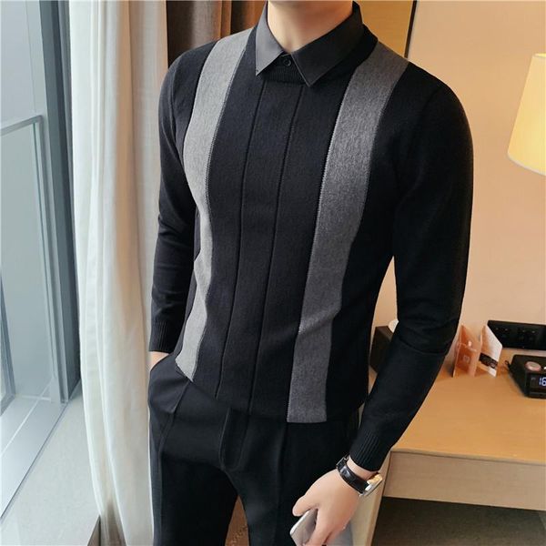 

men's sweaters simple fashion striped spliced sweater men clothing 2021 fake-2pices business knitted pullovers black/gray 4xl, White;black