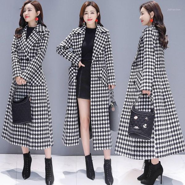 

woolen coat female houndstooth plus size 2020 autumn winter new korean slim thickened below the knee lattice women jacket 51m1, Black