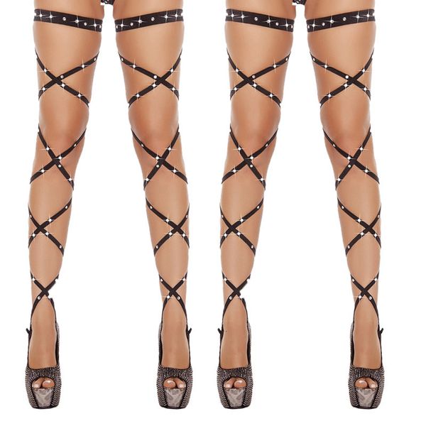 

women lingerie bandage fishnet stockings thigh-high crystal studded thigh high leg rave wraps strappy rhinestone tights, Black;white