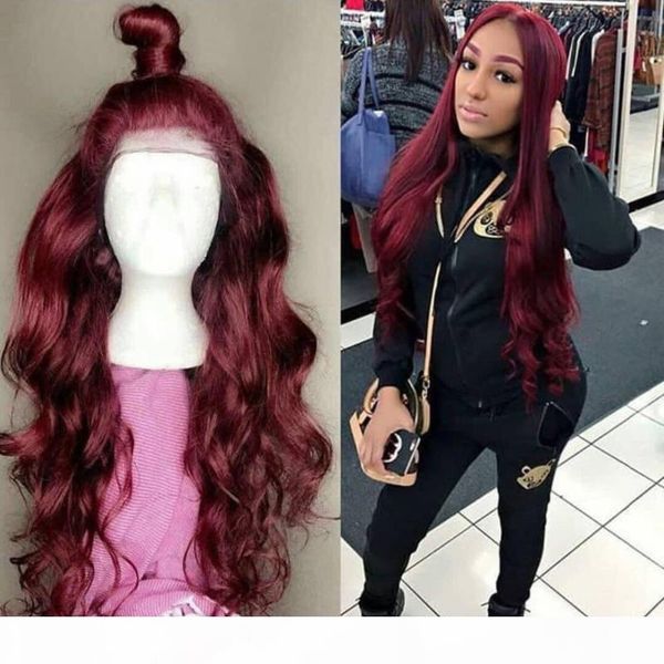 

99j colored body wave lace front human hair wig for black women 13x6 ombre burgundy remy brazilian lace front wig with baby hair, Black;brown