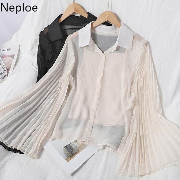 

neploe women blouse two pieces sets pleated long sleeve turn down collar chiffon blusas + baisc sling vest korean shirts 4d1481, White