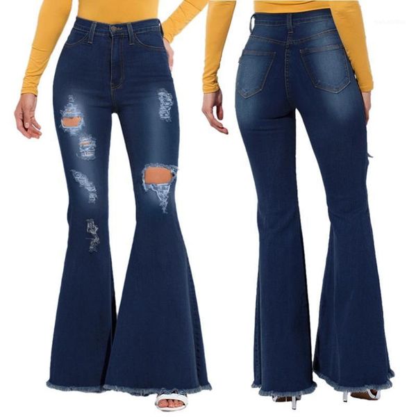 

fashion high waist denim flare pants women retro ripped jeans wide leg trousers ladies casual bell-bottoms female skinny jeans1, Blue