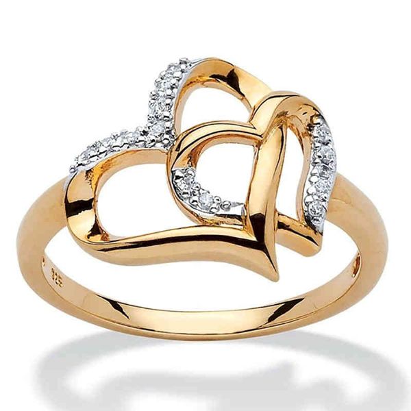 

ring fashion delicate double heart finger for women cz zirconia crystal rose gold hollow out wedding party ring, Silver