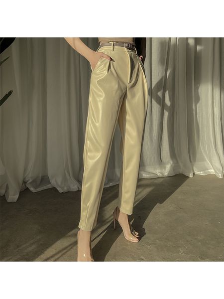 

2021 new autumn winter fashions cool all-match three colors of vintage high waist plutonium leather for streetwear women's pants oj3w, Black;white