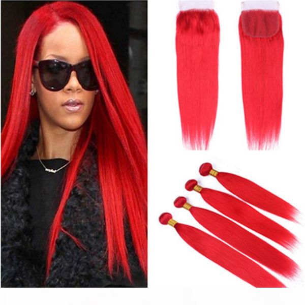 

silky straight indian virgin human hair 4bundles red colored weaves with closure pure red 4x4 lace closure piece with hair wefts, Black