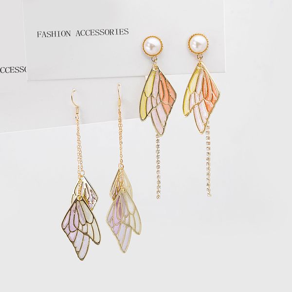 

npkds temperament fairy long earrings butterfly wings drop earrings dreamy gradient color earrings romantic bridal jewelry, Golden