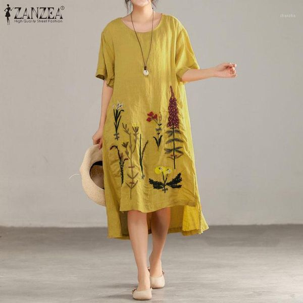 

women's embroidery sundress zanzea 2020 fashion irregular mid-claf dress casual summer short sleeve vestidos female floral robe1, Black;gray