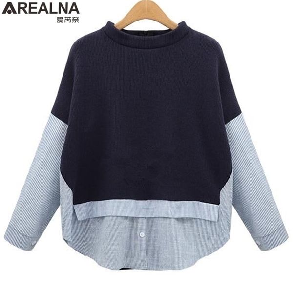 

arealna autumn sweatshirt style striped patchwork navy pullover loose casual hoodies for women plus size xl-5xl 201208, Black