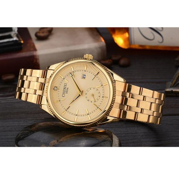 

gold watch men watches quartz analog dial wristwatch male clock golden quartz wrist watch calendar stainless steel strap wristwatches, Slivery;brown