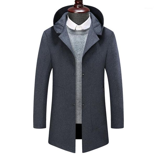 

mens woolen coat men's winter fashion fleece lined warm hooded wool jacket coat men casual thicken long overcoat outerwear male1, Black