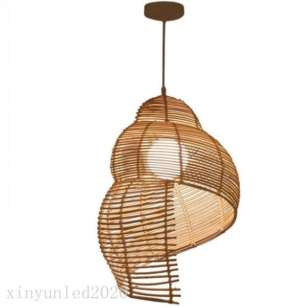 Lâmpada Pendurado Lâmpada Nova Rattan Art System Chandelier Jardim Simples Sala de estar Sala de jantar Loja de roupas Creative Conch Round Hemp Corrida Lâmpada