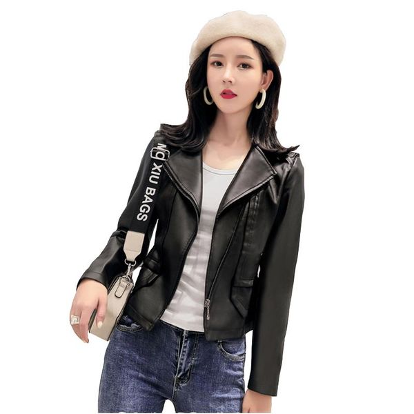

boutique leather women's short new pu leather jackets ladies fashion plus size motorcycle female fit body lapel coat, Black
