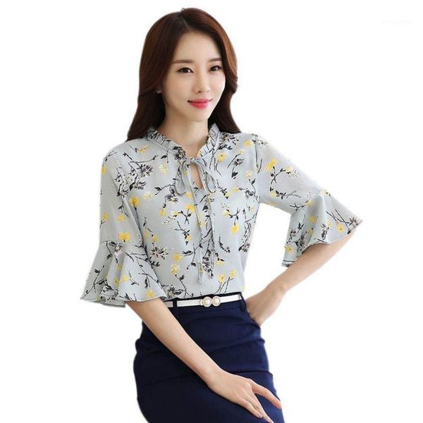 

ropalia summer women flare sleeve chiffon blouse shirts fashion floral print female half ladies girls blusas 7060 hc1, White