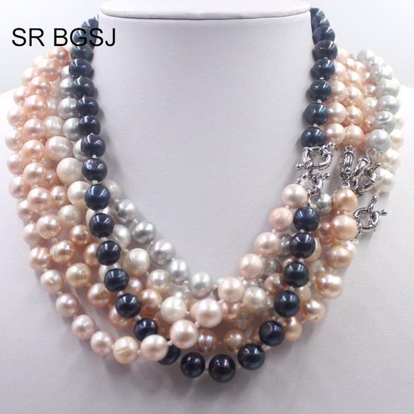 

8 strands/lot more colors woman jewelry nearly round pearl beads knot necklace 9-10mm 18, Golden;silver