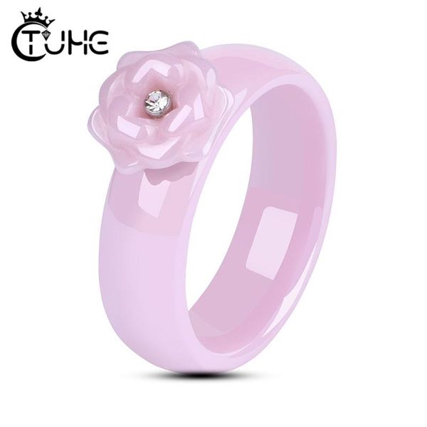 

cute rings jewelry with pink flower one bling crystal full pink ceramic rings never fade healthy material wedding gift, Golden;silver